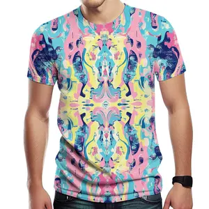 Unisex Vibrant Abstract Psychedelic Colorful T - Shirt, Pink Blue Yellow Retro Pattern, Summer Festival Beach Casual Adult Outfit