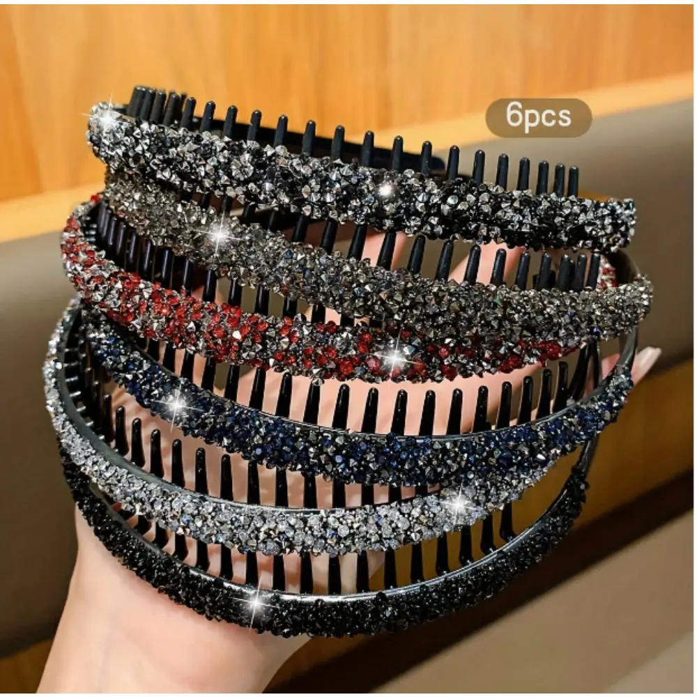 6Pcs Rhinestone Teeth Headband Set, Sparkly Crystal Hair Hoops, Non-Slip Comb Headbands for Women's Daily & Face Washing Use