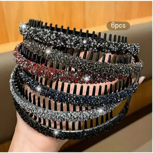 6Pcs Rhinestone Teeth Headband Set, Sparkly Crystal Hair Hoops, Non-Slip Comb Headbands for Women's Daily & Face Washing Use