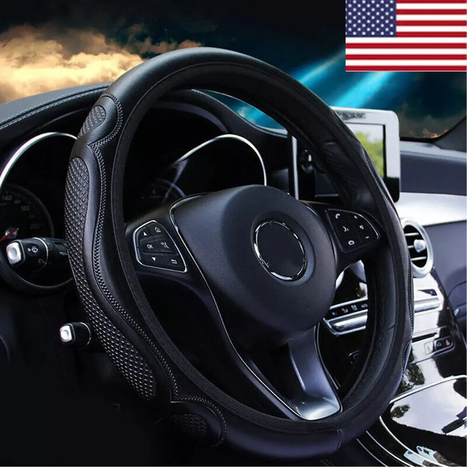 Car Steering Wheel Cover, PU Leather  Anti-Slip Steering Wheel Covers , Universal 14.5-15 inchs Wheels Black, Car Interior Decor
