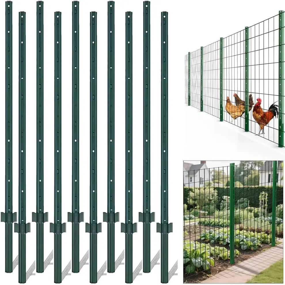7ft Steel U-Post Fence 10-Pack, Rustproof Heavy Duty Metal Fence Posts with Adjustable Tabs for Garden, Farm, Yard & Lawn