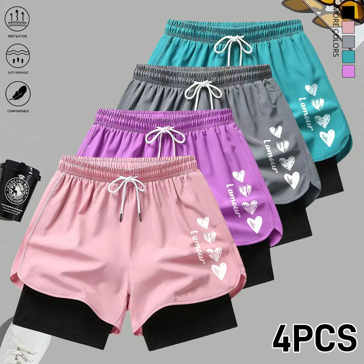 Set of 4 women’s fashion shorts featuring drawstring and elastic waistband, adjustable; suitable for outdoor sports, travel/vacations, and home wear—summer women’s shorts. women