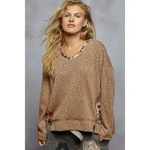 Round Neck Balloon Sleeve Floral Contrast Ribbed Knit Top