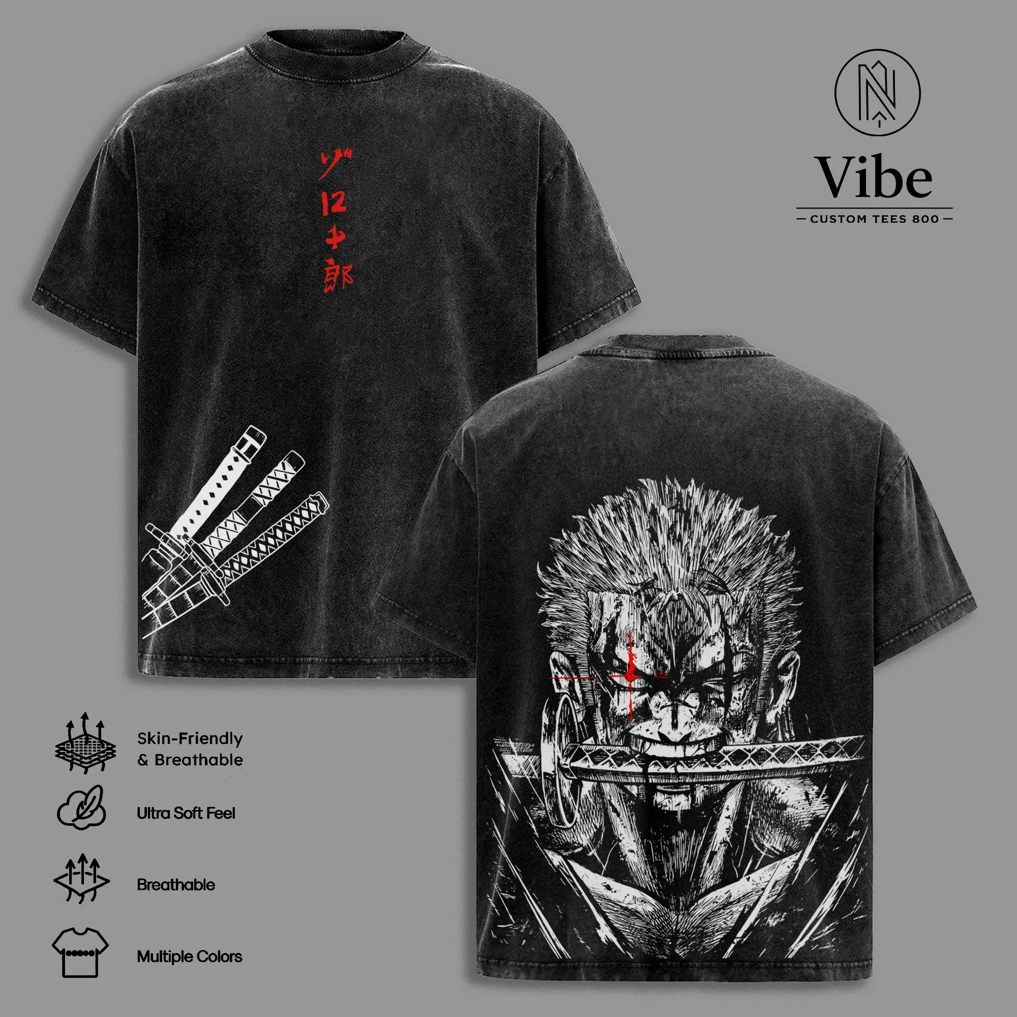 Zoro "Three Sword Style" One Piece Washed Oversized T-shirt, Tank Top Vintage Anime Graphic Double Printed Tee, Heavyweight Cotton Manga Streetwear, Otaku Fashion Top for Pirate Hunter Fans