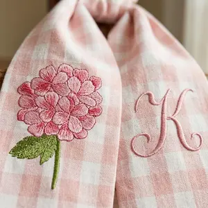 Embroidered Hydrangea Wreath Sash Bow, Seasonal Flower Toile Front Door Bow, Personalized Initials Home Decor, Housewarming Gift