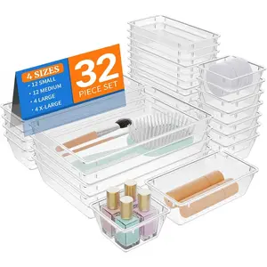 32 count Clear Plastic Drawer Organizer Set, 4-Size vanity organizer Trays and Storage Bins for Makeup,  and Gadgets in Bedroom, Bathroom and Office, Clear