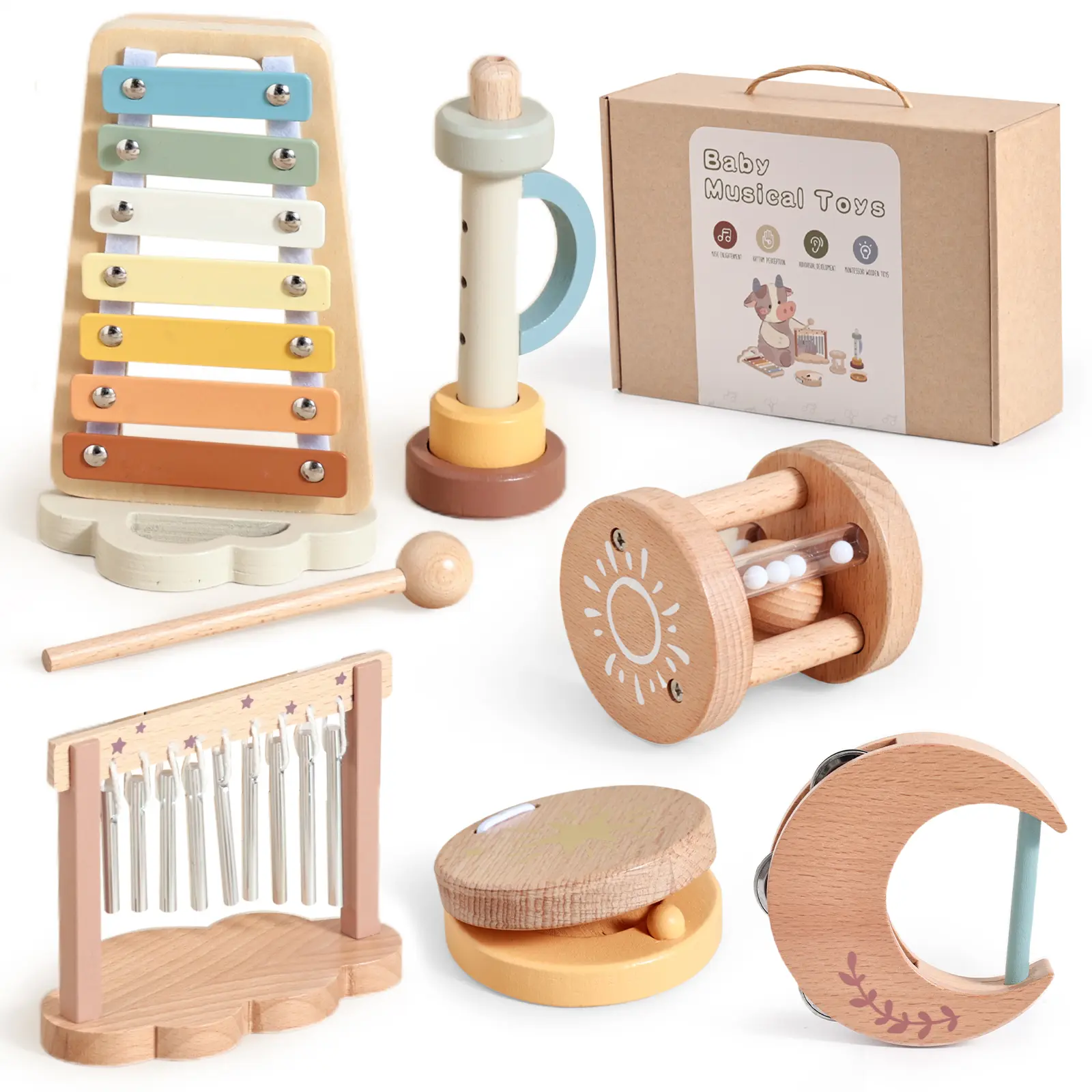 Baby Musical Instruments-Montessori Wooden Musical Toys for Toddlers | Modern Boho Kids Musical Instruments | Wooden Percussion Instruments Set Toys with Xylophone Birthday Gift DealsForYouDays