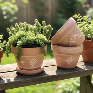 Breathable Clay Flower Pot Set, Succulent Pots, Vintage Rustic Artistic Relief, Decorative Garden Pots, Garden Balcony Courtyard Terracotta Planters with Tray