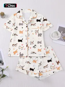 Women's Cartoon Cat Print Pajama Set, Comfortable Short Sleeve Button Shirt and Elastic Shorts, Elegant All-Season Sleepwear Loungewear