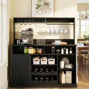 Black 47" Farmhouse Coffee Bar Cabinet with Storage, Buffet Cabinet with Goblet Holder, 5Hooks, Power Outlets, Sideboard Cabinet Coffee Bar Table with Adjustable Shelves for Kitchen & Living Room, Coffee Bar Station, Mdf Wood