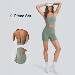 Halara 2-piece Halara UltraSculpt Double Straps Twisted Backless Cropped Yoga Tank Top & UltraSculpt High Waisted Tummy Control Side Pocket Shaping Training Biker Shorts 5''&7 Set