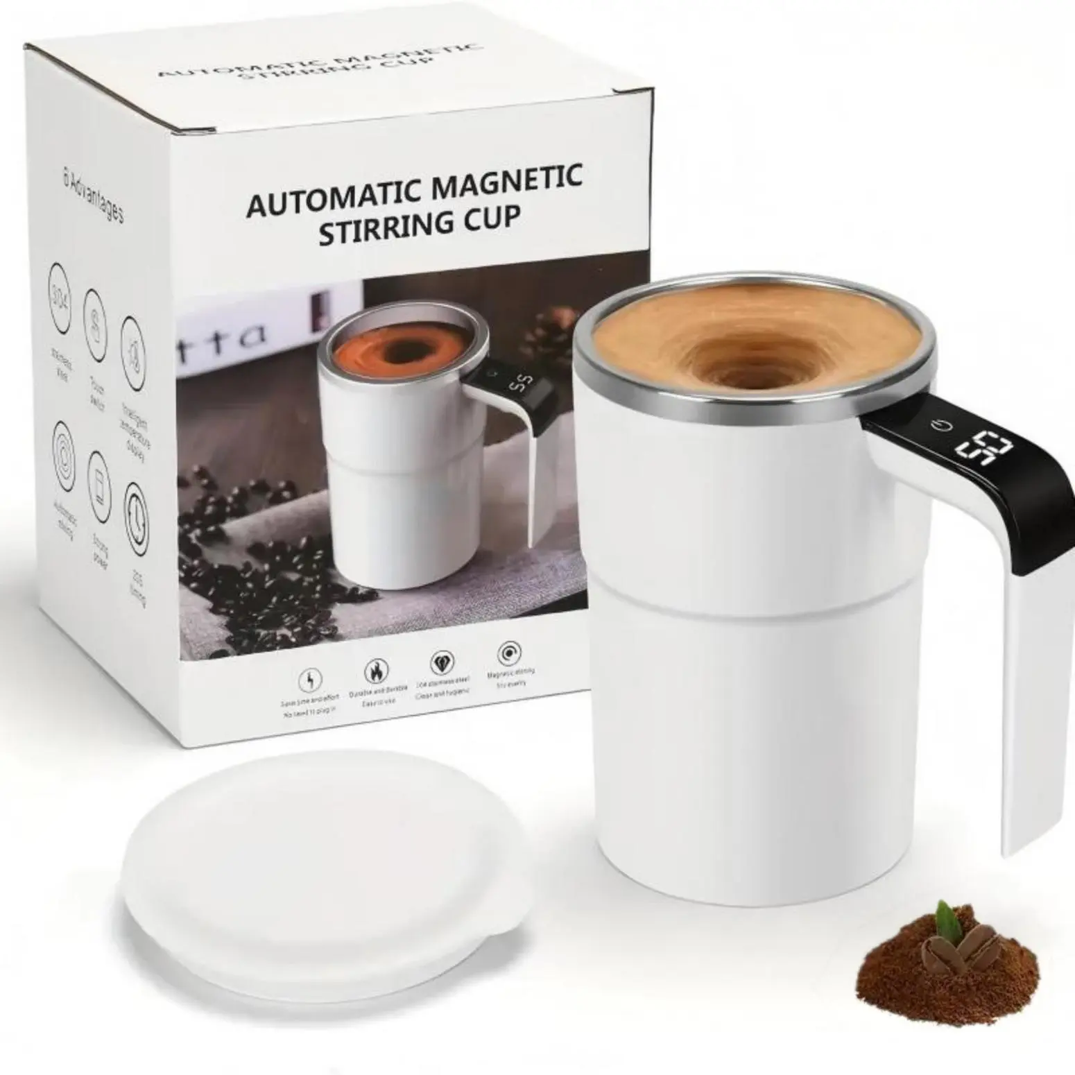 12 oz Magnetic Automatic Stirring Smart Coffee Cup (Includes Stirring Capsule), 304 Stainless Steel Cup with Real-time Temperature Display, Office Coffee Cup, Anti-scalding Cup, White Reusable Washable Drinkware Tumbler