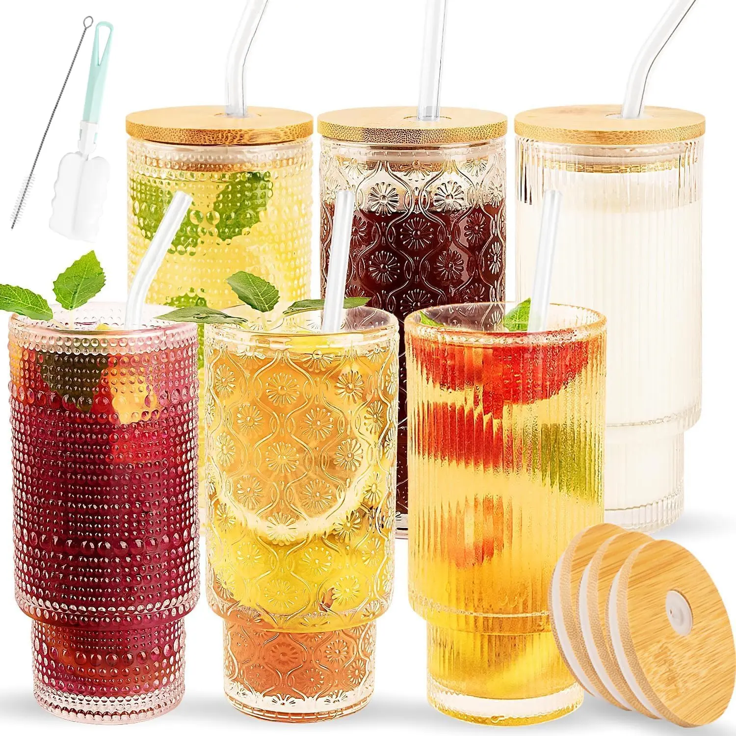 Glass Cups Set with Straw/Bamboo Lid,12 oz Stackable Serving Drinking Glasses, Ideal for Whiskey/Cocktails/Juice/Coffee/Beer, Dishwasher Safe,3 Patterns of Vintage Glassware Sets.(6 )