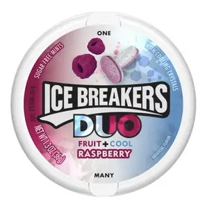 Sugar Free Mints ICE BREAKERS Duo Fruit Plus Cool Raspberry Flavored  1.3 oz Vegan Pucks for Fresh Breath and Fruity Delight