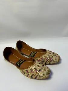 Golden Blossom Khussa - Pointed Toe Slip-On Flats with Floral Embroidery for Weddings & Summer Festive Wear, Golden Base, Multicolor Threadwork, Sequins, Comfortable Synthetic Leather Lining