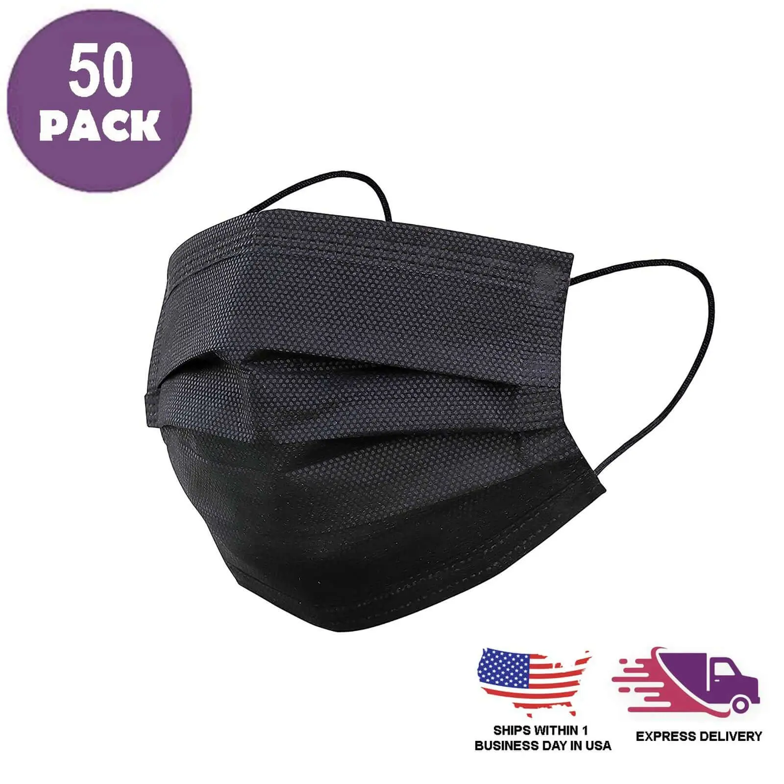 Black Masks Disposable for Adults, 50-Pack 3-Ply Non-Woven Filter Cloth Face Masks with Ear Loops and Melt-Blown Layer, Protective Masks