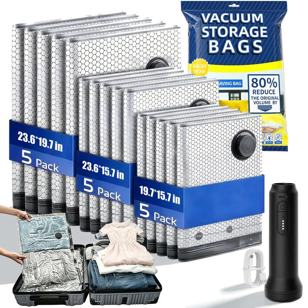 Travel Vacuum Storage Bags with Built-In Stable Suction Pump - Multi-Size, Tearproof, Reusable Closet Packing Bags for Car Interior Decoration, Pillows, Sweaters with Volume Reduction Function, Tearproof Bag