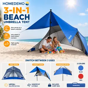 [SummerVibes]HOMEDEMO  3-in-1 Beach Umbrella, UPF 50+ Windproof Sun Shelter, Portable Multi-Function Beach Canopy for Family Camping & Beach Trips