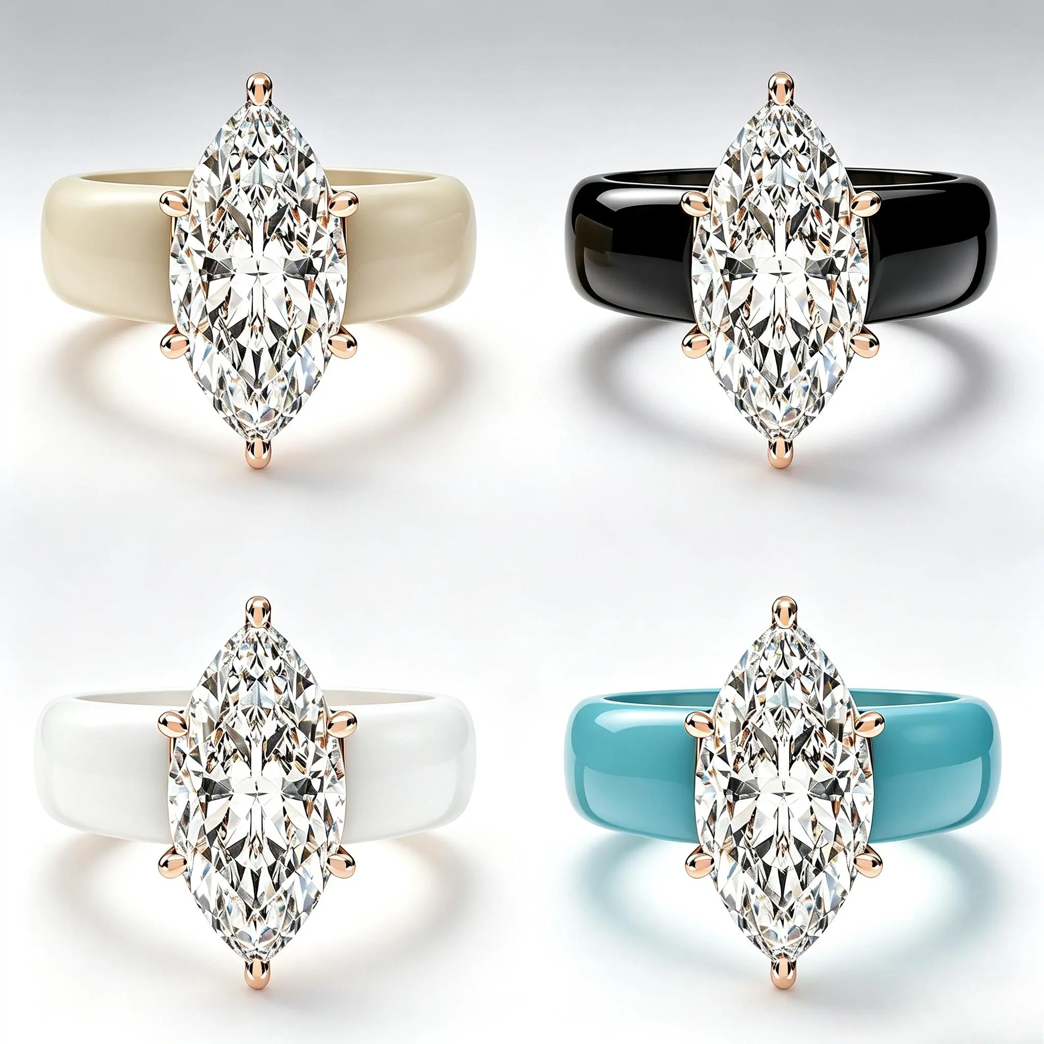 Stunning Marquise Diamond Enamel Wide Band Ring, Elegant Rose Gold Prong Design, Multi Dreamy Colors Fashion Statement Jewelry