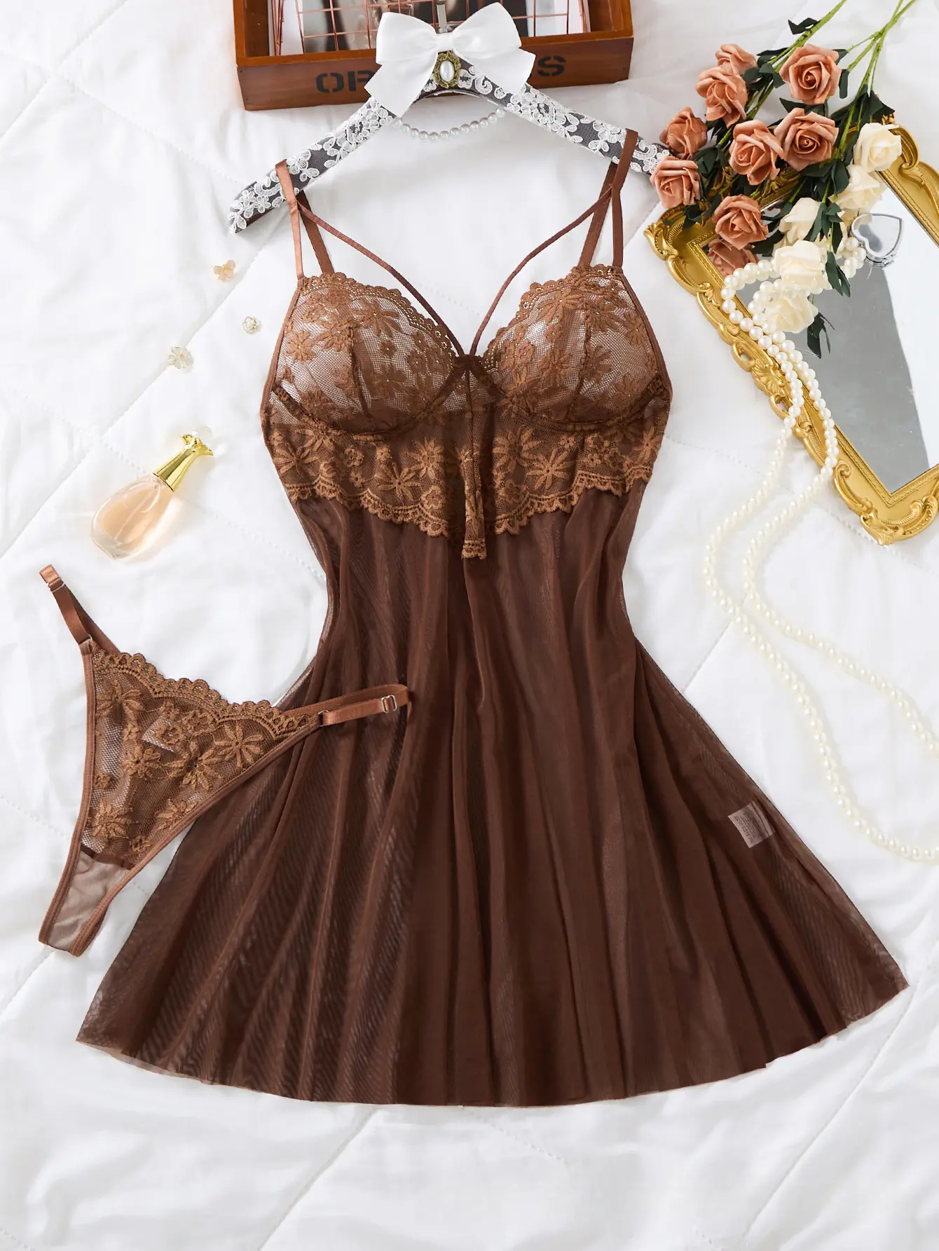 Women's Heer Mesh Babydoll Lingerie Set, Lace Slip Nightgown, Flirty Date Night Bedroom Sleepwear
