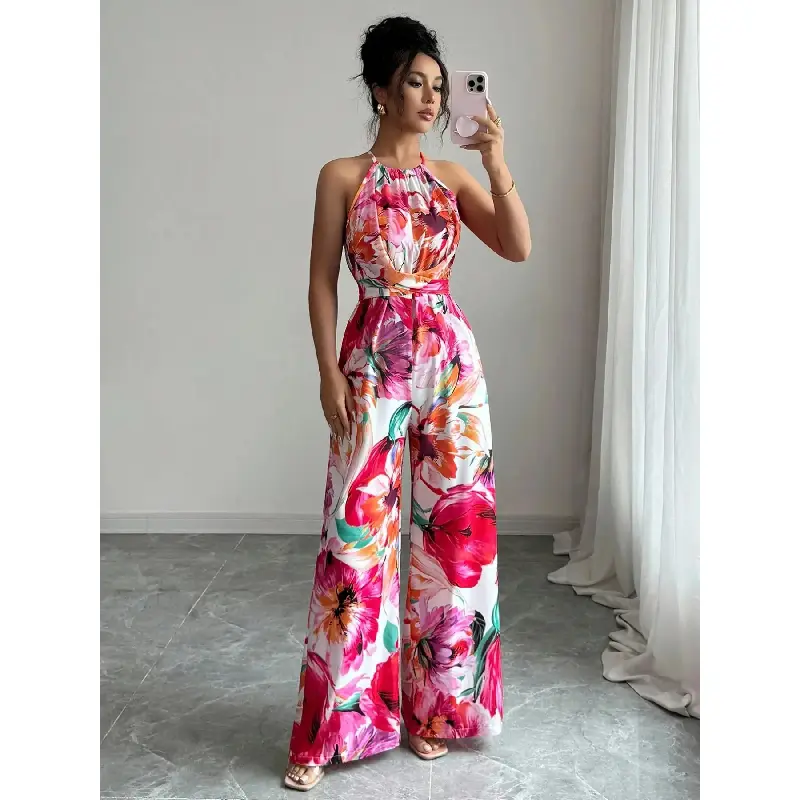 Women's Bohemian Sleeveless Halter Neck Floral Romper - Mixed Colors, Lightweight, Casual, Loose-Fitting, Shirred Waist, Printed Fabric, Chic Elegant for Vacation, Daily Wear