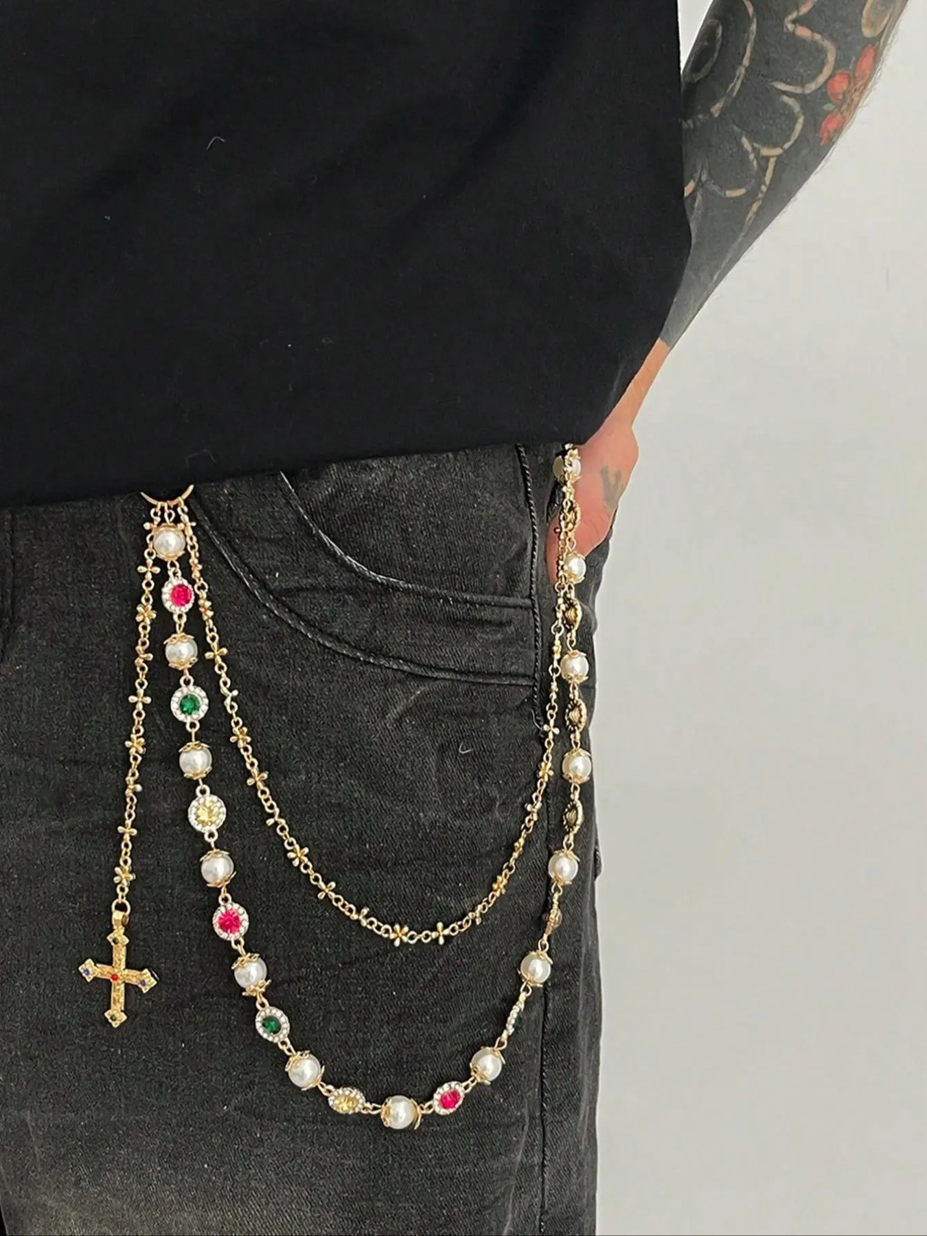 Vintage Colorful Rhinestone Cross Pants Chain, Men's Hip-Hop Style Beaded Jean Chain, Unique Fashion Accessory for Pants Decoration
