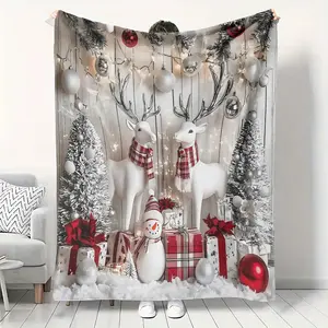 Christmas Reindeer Plaid Scarf Pattern, Luxurious Flannel Blanket, Warm and Comfortable, 280gsm Polyester Fabric, All Seasons Use