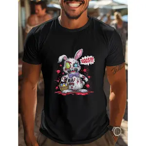 Easter Bunny Conspiracy Graphic T-Shirt with Blood Splatter & Carrot Design, Casual Loose Short Sleeve Black Tee, Machine Washable for Spring & Summer Daily Wear