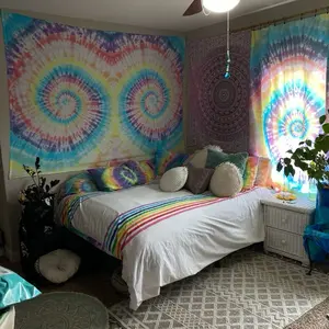 Rainbow Tie Dye Double Spiral Tradition Boho Hippie Tapestry Wall Hanging 81x60 Inches Lightweight Handmade Hippie Gypsy Flower Child Deadhead 1960s Woodstock Love Child Peace Love Happiness End War Christmas Present for College Kids