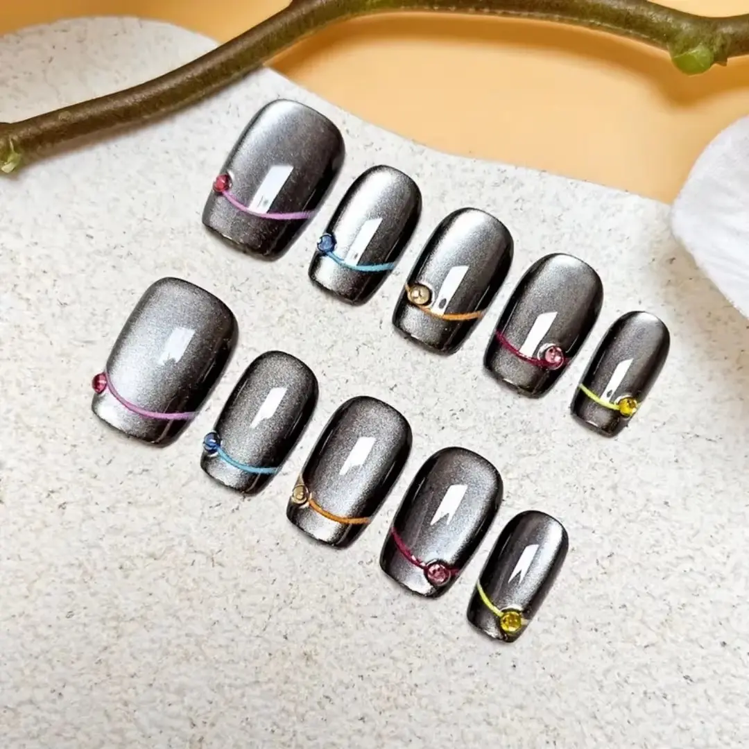 10pcs high-end Sweet, cool, dark and short cat-eye style handmade Press On fake nails, Dark-colored short nail decoration patches for woman, Diy Nail Art Decorative Nails Nail Art Supplies