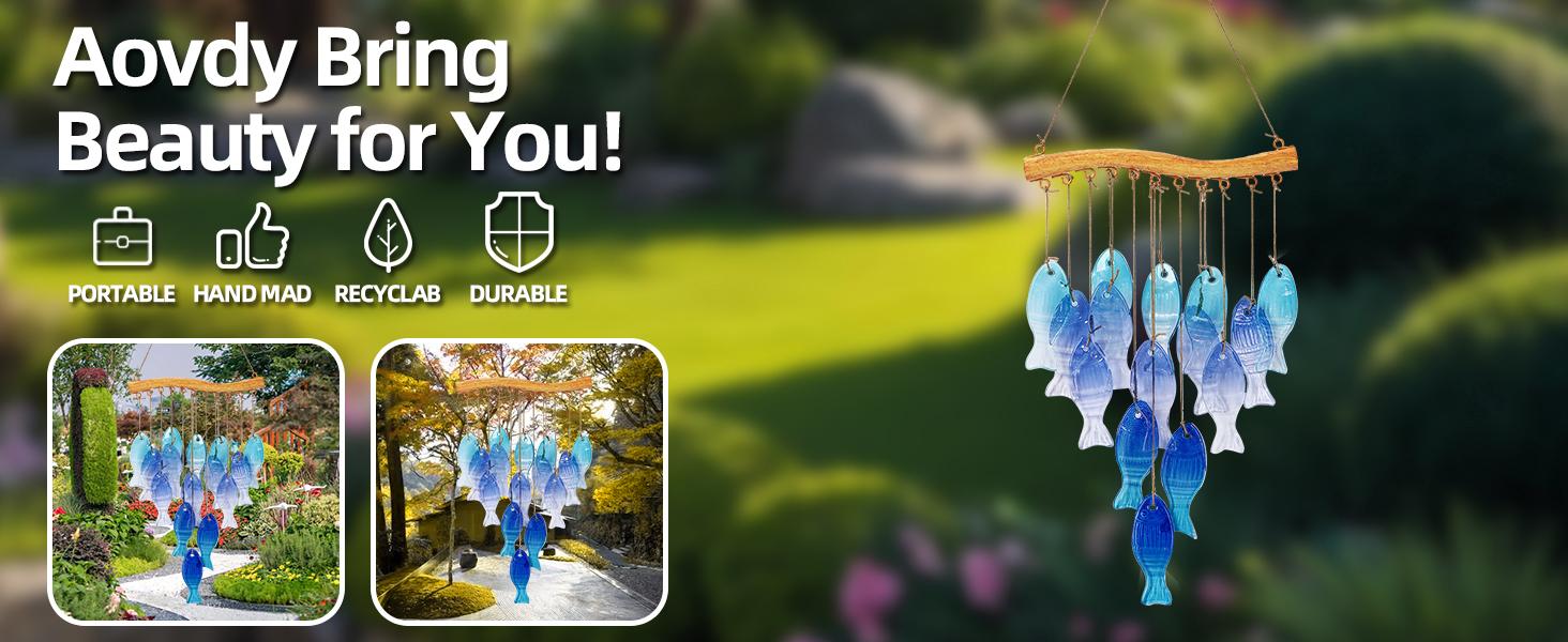 23-inch Blue Glass Ocean Wind Chime — Handmade Fish-Shaped Outdoor Wind Chime for Beach Parties and Wedding Decorations