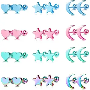 FLORIDECO 12Pairs 18G Surgical Steel Heart Moon Star Screw Back Stud Earrings for Women Men Barbell Piercing Jewelry Cartilage Helix Tragus Ear Piercing Daily