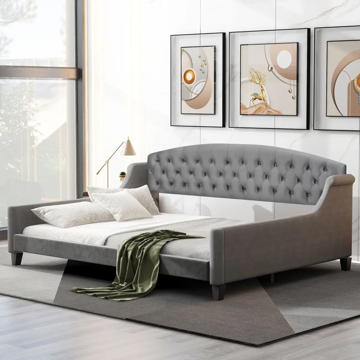 Sturdy Glam Tufted Full-Size Button Tufting Daybed - Gray Plywood, Fabric, Foam Comfy Couch, 400lb Dual-Purpose Modern Luxury Indoor Furniture (Old SKU: SM001009AAE, GX001009AAE)
