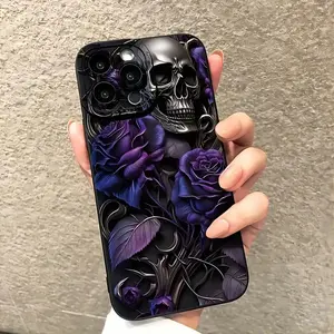 New Melancholy Cool Spiky Purple Rose Skull Creative Phone Case, Suitable for iPhone 17 Air/16e/XS/X/11/12/13/14/15/ Pro Max/Plus, Shockproof Full Protection Phone Case, Halloween Gift for Friends and Relatives MS29