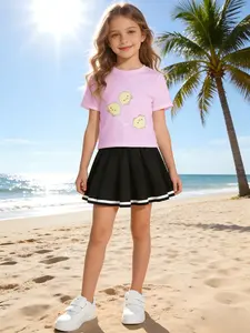 summer collection Girls' pleated skirt set girls' short sleeve T-shirt + pleated skirt Three Yellow Ducks Floating On Pink Background two-piece set leisure daily beach vacation Super soft and breathable, comfortable and skin-friendly student skirt