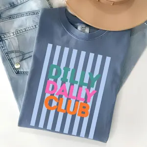 Comfort Colors Dilly Dally Club Shirt, Trendy Summer Graphic Tee, Retro Bright Striped T Shirt, Cute Preppy Aesthetic Shirt