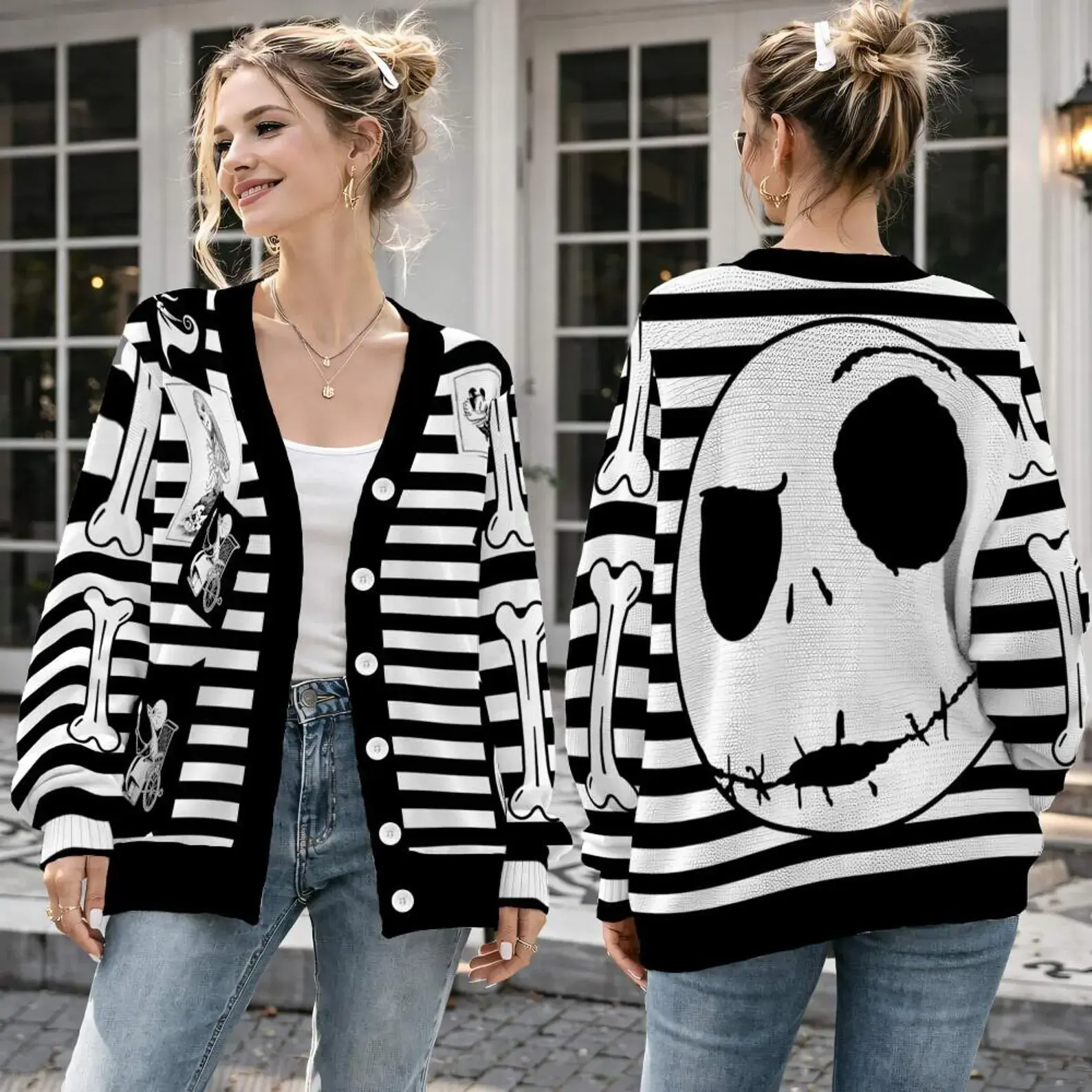 Spooky Skeleton Cardigan, Nightmare Holiday Sweater, Gothic Halloween Top, Cozy Fall Gift for Her 2026