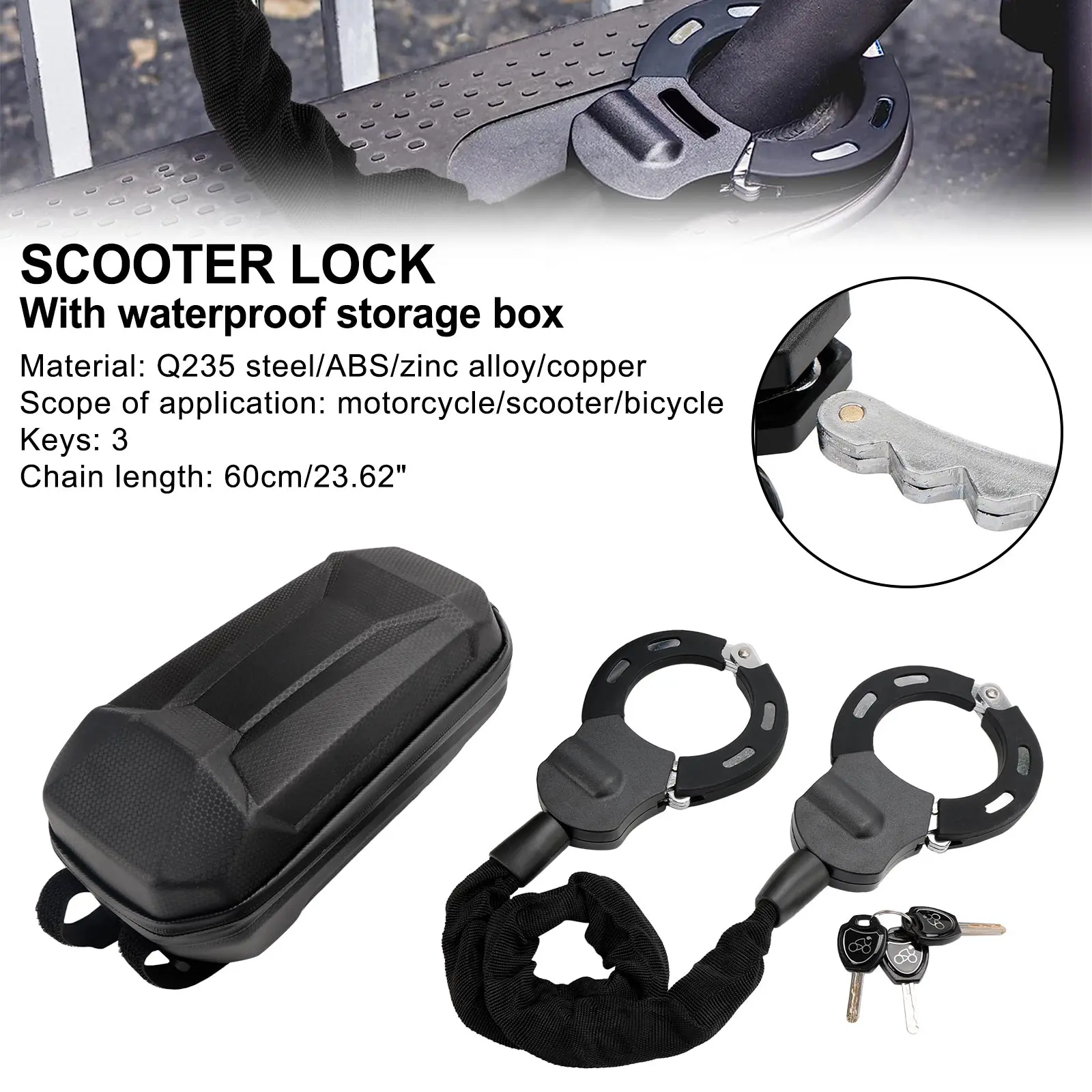 TopTeng Bike Electric Scooter Lock 23.62 Inch Anti-Theft Chain Lock with Key,60cm Chain Lock with Waterproof Storage Bag E-Bikes Accessories