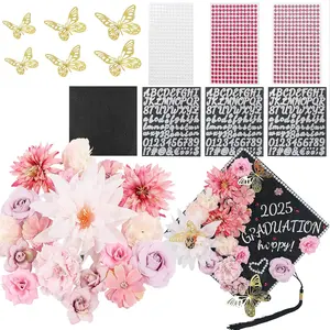 DIY Graduation Cap Decorations Set - Faux Flower Heads  Butterfly Stickers Adhesive Rhinestones Glitter Letter Stickers Glitter Paper for Graduation Hat Topper  Supplies