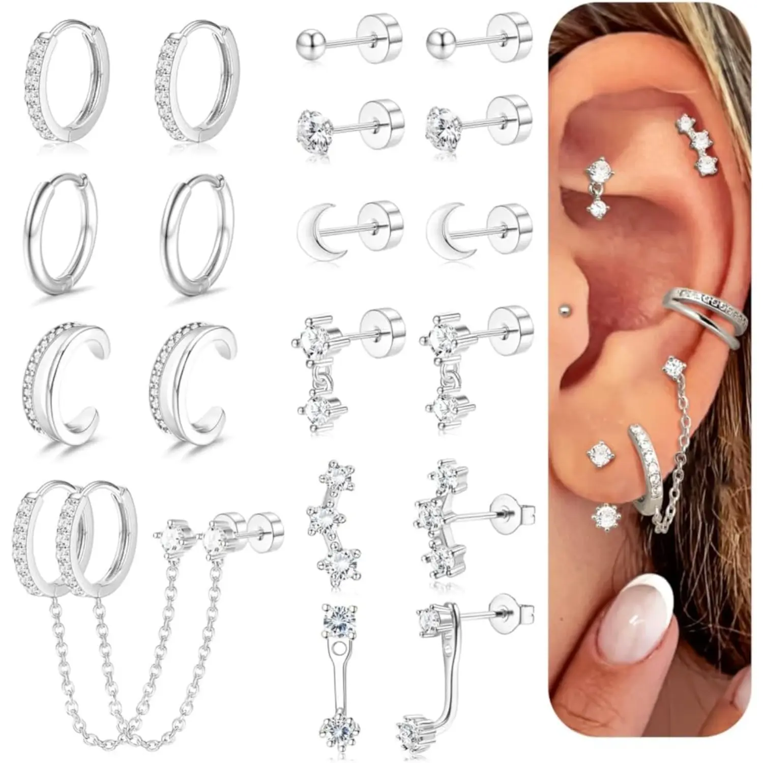 Florideco Small Gold Earrings for Women Hypoallergenic 20G Surgical Stainless Steel Flat Back Stud Earrings Dainty Stackable Earring Stacks Hoop Cartilage Earring Sets for Multiple Piercing Ear Studs Gold Plated Hoop