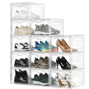 Stackable Clear Plastic Shoe Boxes, Magnetic Door Design - Shoe Rack & Storage Organizer
