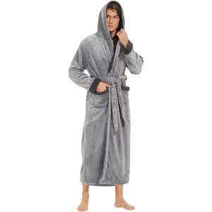 Mens Hooded Robe, Soft Lightweight Plush Robes for Men, Warm Long Fleece Men's Bathrobe with PocketsGift