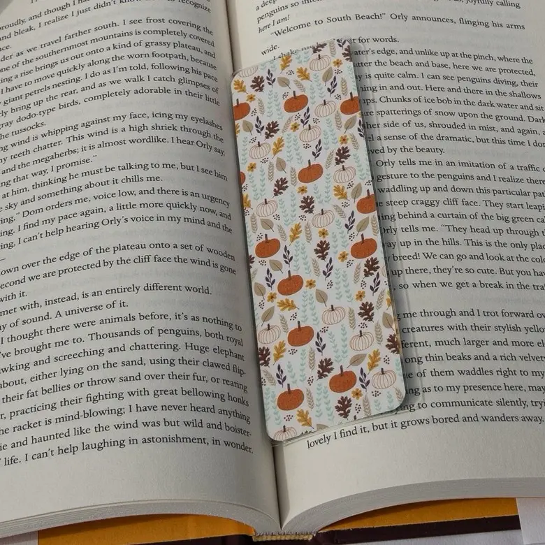 Laminated Double-Sided Bookmark with Autumn Harvest Pattern - Compact Lightweight 2"x6" Durable Design for Fall Reading Enthusiasts
