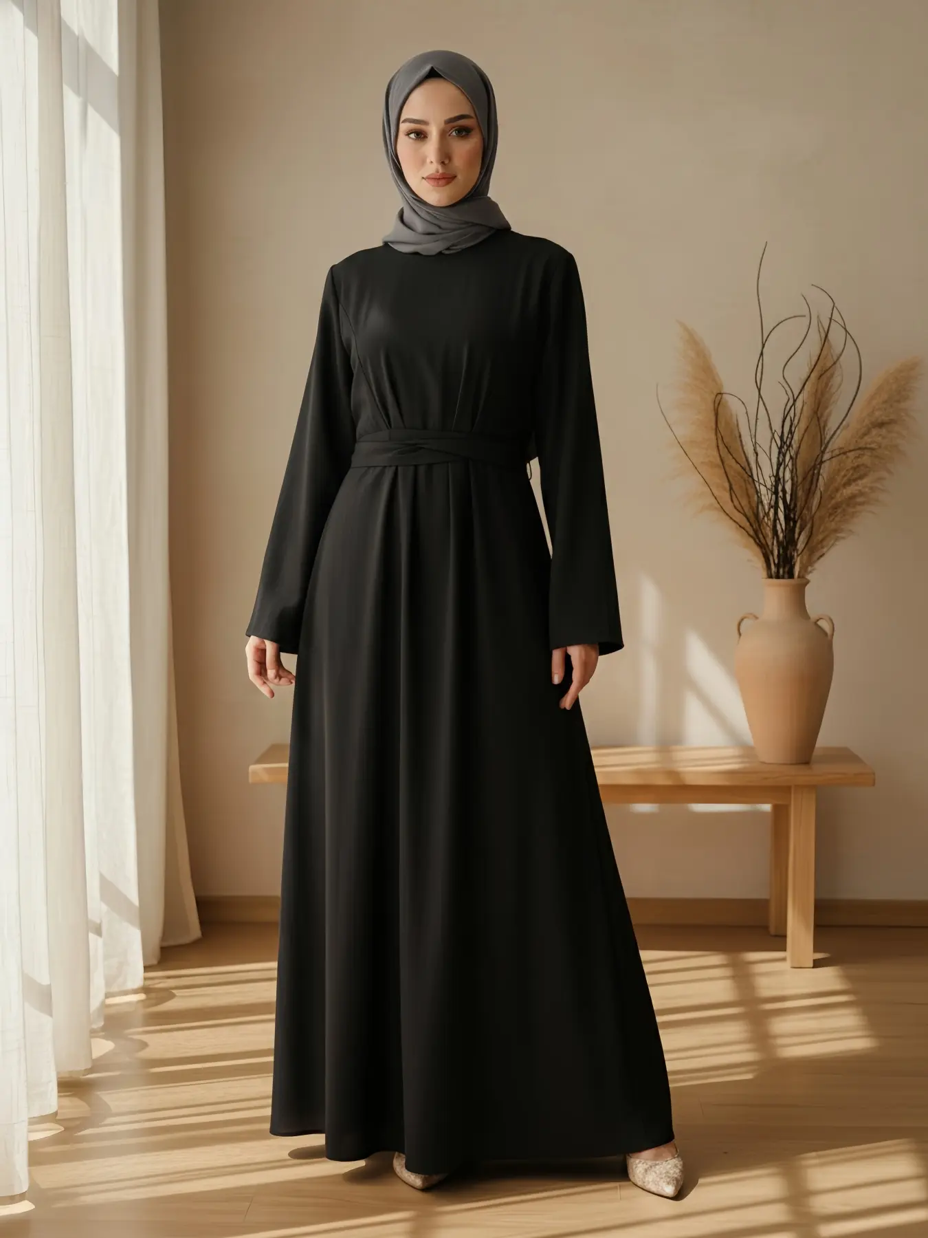Elegant Long Sleeve Round Neck Back Zipper Waist Belt Pocket Dress, Modest Dresses, Modest Clothes, Stylish Women's Casual Wear, Perfect for Daily