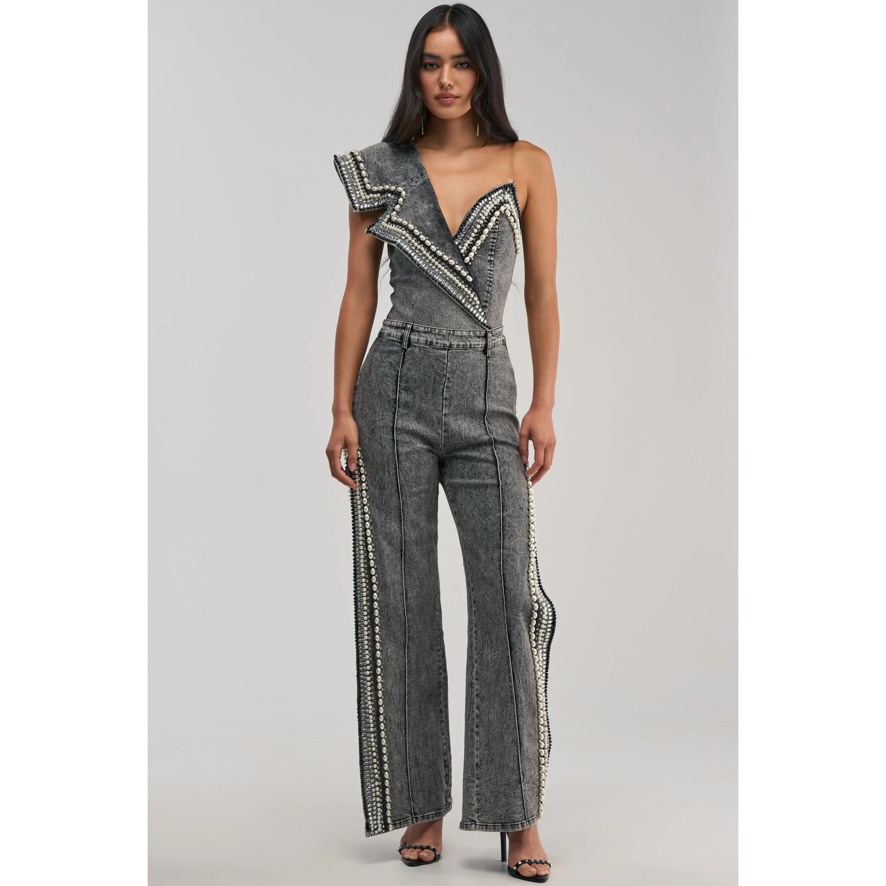 LUXURIOUS DENIM PANTS WITH SIDE SLITS IN GREY