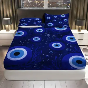 3Pcs Eye Pattern Ocean Blue Fitted Sheet Three Piece Set (1*Fitted Sheet+2*Pillowcases, Coreless), Holiday theme, Soft Breathable Bedding Set, Bedroom Decor, Guest Room Decor