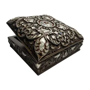 Handmade Carved Mother of Pearl Jewelry Box - Luxurious Walnut Wood Craft