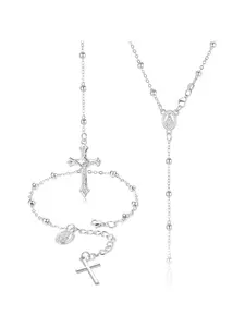 2 Pcs Silvery Exquisite Catholic Rosary Elegant Jewelry Set for Women Men Religious Christian Alloy Jewelry Set for Prayer Confirmation Baptism Gift Giving Rosary Necklace Rosary Bracelet with Miraculous Medal Cross