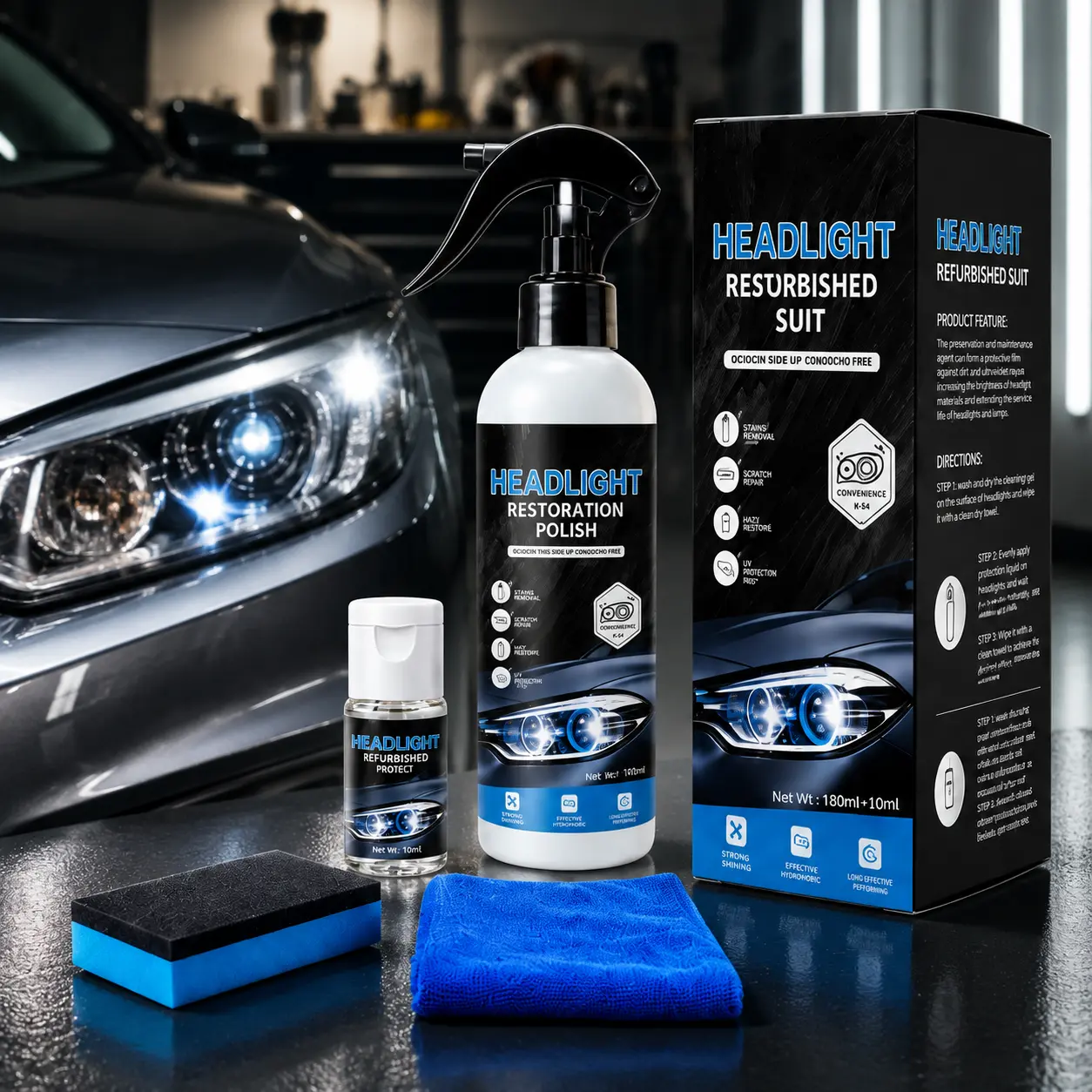 Automotive Headlamp Restoration Fluid - Car Detailing Products for Oxidized, Yellowed, Blurred Headlamps with Enhanced Crystalline Coating Refurbishing Function【180ml+10ml】
