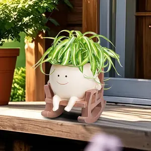 Smily Face Garden Planter Pot, 1 Piece Cartoon Design Resin Pot for Indoor Plants, Cute Sit Rocking Chair Succulent Flower Pots with Drain Hole, Decorative Flower Pot for Home Office Desk